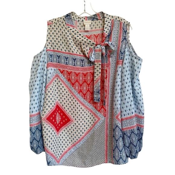 Chico's‎ Bohemian Elements Cold-Shoulder Tie-Neck Top Blue/ Red Scarf 2 L/12 - Picture 2 of 11